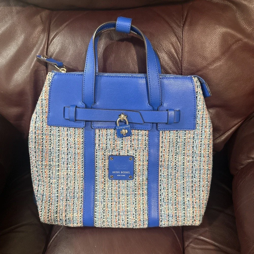 HENRI BENDEL Large Blue Leather Tweed Jetsetter Convertible Backpack Bag Preppy